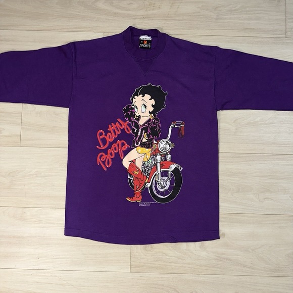 VINTAGE BETTY BOOP LONG SLEEVE T SHIRT Medium 90s MOTORCYCLE PURPLE CARTOON 1994 - Picture 2 of 9